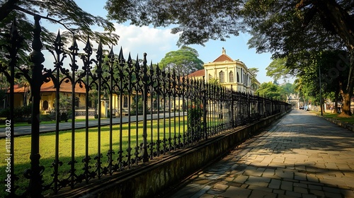Ornate Fence and Colonial Architecture on a Sunny Day