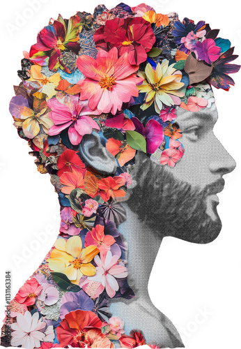 Man collage floral halftone bitmap collage element on transparent background, Man face punk y2k collage element, Portrait man face with flowers grunge photocopy magazine clipping with isolated