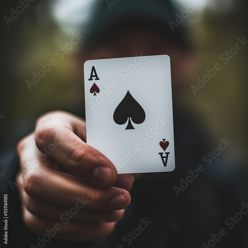 Mano che tiene in primo piano una carta da gioco con l'asso di picche.