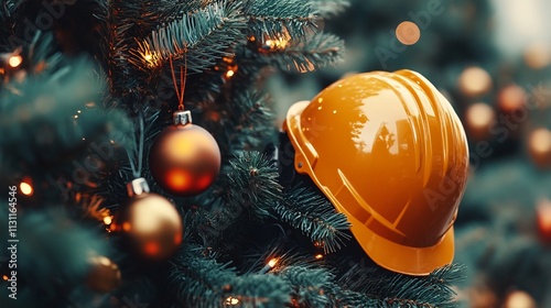 Yellow hard hat on decorated Christmas tree.