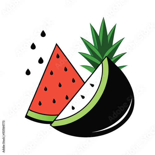 A juicy watermelon slices and pineapple with water droplets vector illustration,