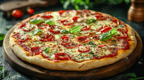 Delicious pizza with calabrian chili and fresh herbs on rustic table