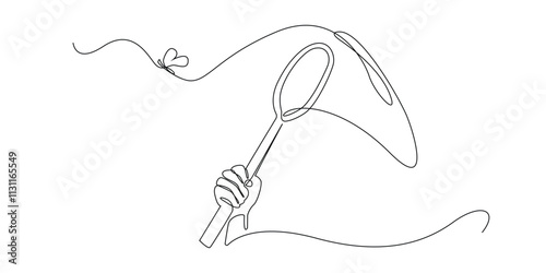 continuous line drawing of catching a butterfly with a net.one line drawing catching butterflies in the garden.single line vector illustration.isolated white background