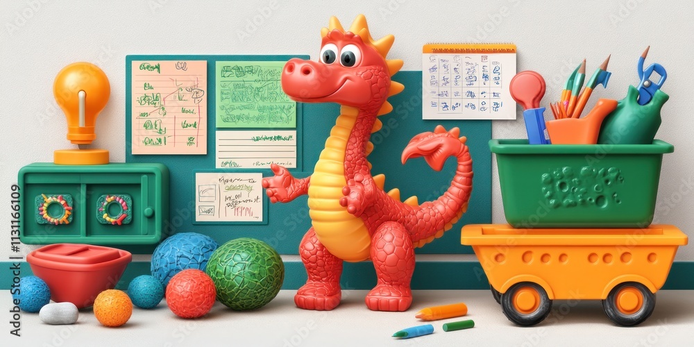 Obraz premium A colorful dragon toy surrounded by educational materials and various playful objects.