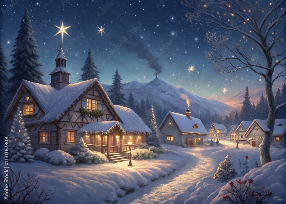 Fototapeta premium winter landscape with houses and trees decorated with gold patchwork ornament artificial star hearts presents