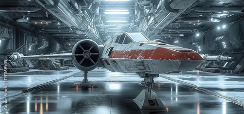 A small Star Wars X-Wing fighter sitting in the hangar bay of an Imperial Star Destroyer