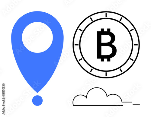 Blue location pin, Bitcoin symbol inside coin, and cloud outline. Ideal for finance, technology, crypto investments, blockchain presentations, digital innovation, navigation, and futuristic concepts