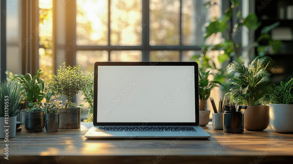 Fototapeta premium Laptop with blank sticker on desk surrounded by houseplants in sunlit room
