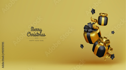 Happy New Year and Merry Christmas. Christmas holiday background with realistic 3d objects, bauble balls, conical metal stars. Levitation falling design composition.