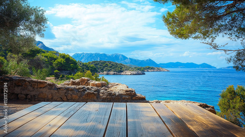 Wooden platform overlooking a large body of water. The view is serene and peaceful, with the water stretching out as far as the eye can see. The platform is surrounded by trees photo