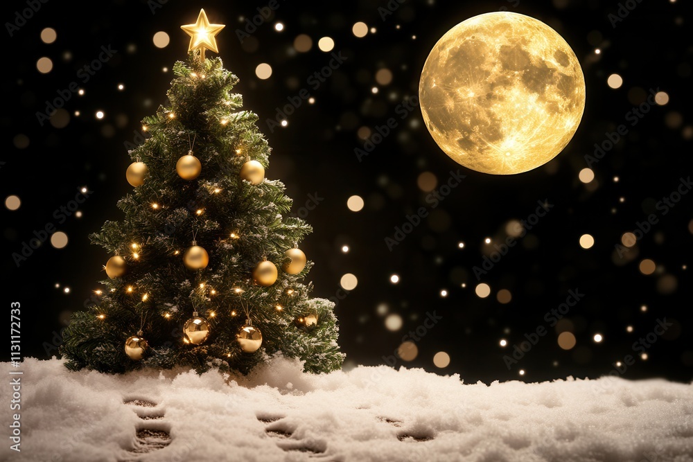 Obraz premium Snowy Background with Christmas Tree and Moonlit Night Scene