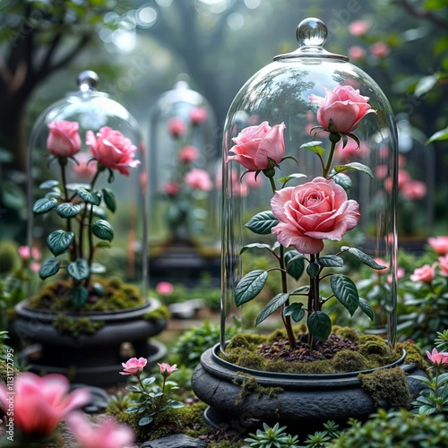 Valentine's roses under glass. Beautiful pink roses encased in glass domes, set in a lush garden, symbolizing love and preservation.
