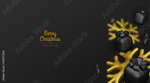 Happy New Year and Merry Christmas. Christmas holiday background with realistic 3d objects, bauble balls, conical metal stars. Levitation falling design composition.