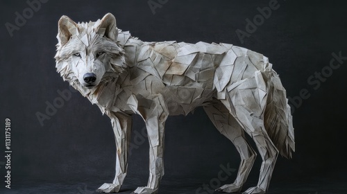 A sculptural representation of a wolf made from folded paper, showcasing artistic craftsmanship. photo