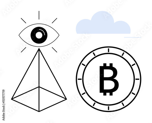 Eye atop pyramid, Bitcoin symbol inside clock-like circle, and gray cloud in blue vector illustration. Ideal for blockchain, cryptocurrency, security, finance, technology, future, web. Line metaphor