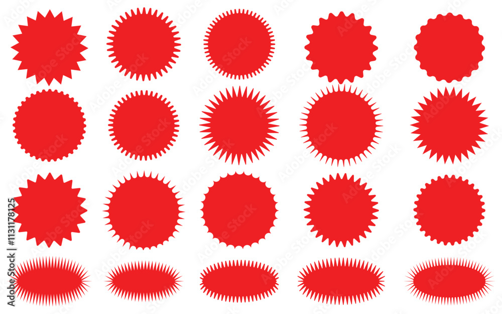 Set of red starburst sticker badge, sunburst sale tag. Blank retro sunburst Price label sticker, price tag, quality mark. Sun ray discount coupon, promotional badge set, shopping labels.