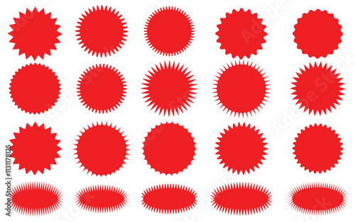 Set of red starburst sticker badge, sunburst sale tag. Blank retro sunburst Price label sticker, price tag, quality mark. Sun ray discount coupon, promotional badge set, shopping labels.