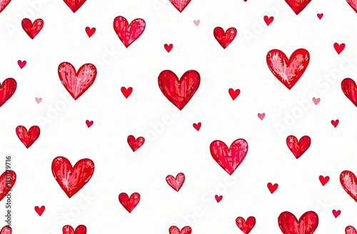 Seamless pattern with hand drawn cute red hearts. Simple hate Valentines day background