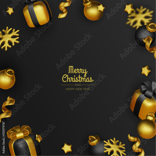 Happy New Year and Merry Christmas. Christmas holiday background with realistic 3d objects, violet and white bauble balls, conical metal stars, gift. Levitation falling design composition.