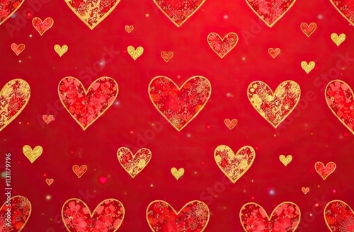 pattern with dish small gold hand drawn doodle hearts on red background. Simple hate Valentines day background