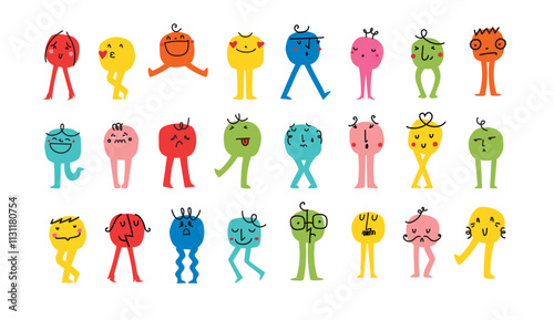 Set of abstract emoticons doodle icons. Emoji outline icons with legs. Smile icons cartoon. Stickers emoticon. Vector flat icons for social media.