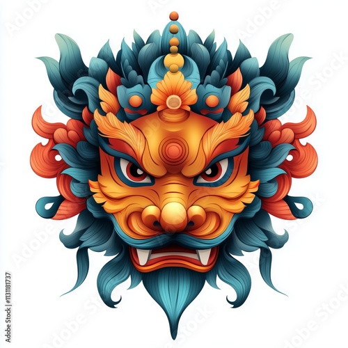 A detailed lion dance mask in bold colors, isolated for clear promotional designs. photo