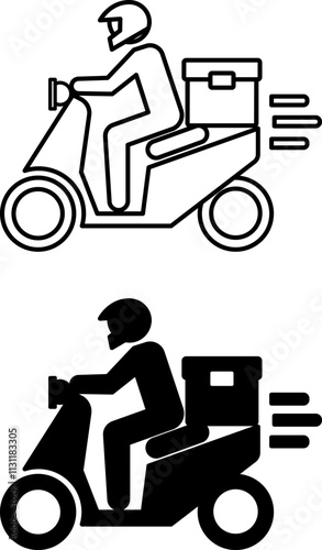 Delivery Icons. Black and White Vector Illustrations. Courier on Scooter and Helmet Carries Parcel to Customer. Delivery Service. Logistics Concept