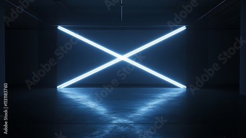 Bright blue neon cross light in dark room.