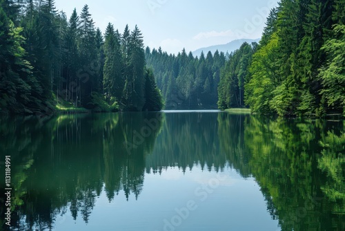 Serene Larch Lake. Tranquil natural landscape by the water