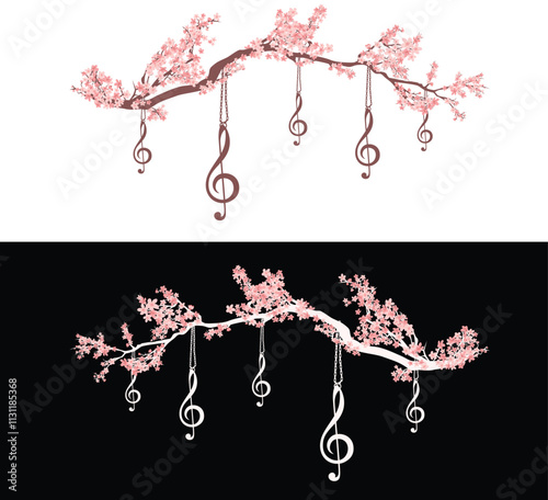 spring cherry tree branch and hanging treble clef decor - pink sakura flowers border for classical music festival vector design set