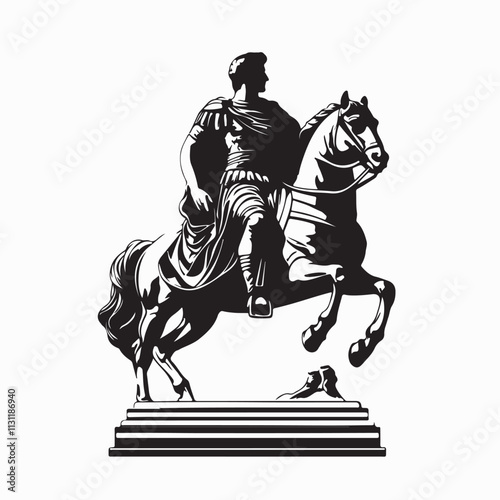 Black and white Ancient Roman Emperor Statue on Horse image vector isolated on white background.