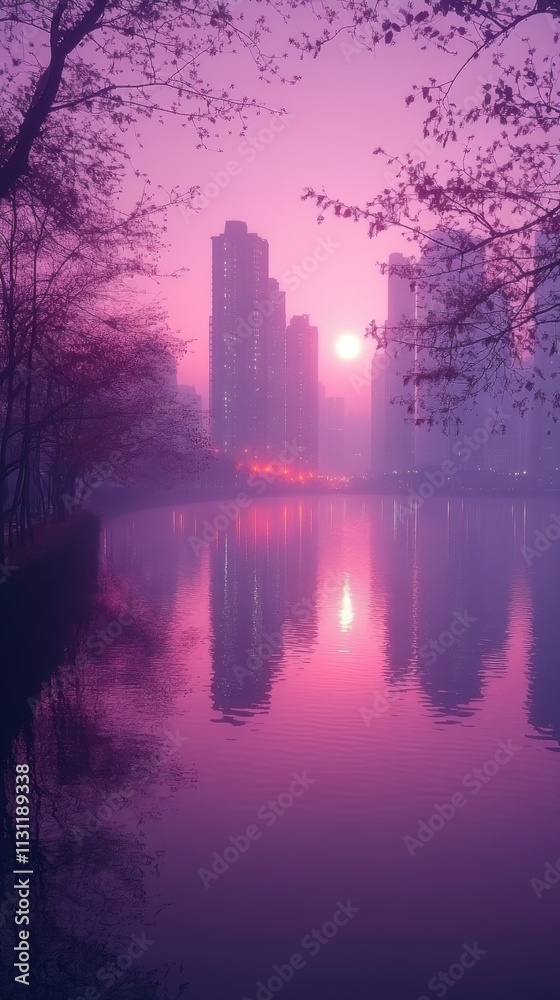 Fototapeta premium Serene cityscape at sunset, with reflections on water and a misty atmosphere.