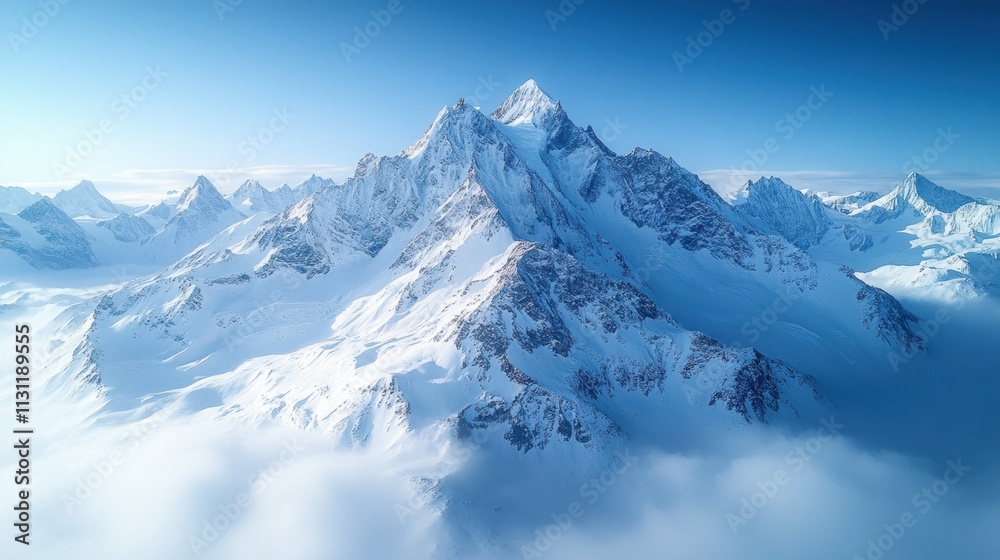 Obraz premium Majestic snow-covered mountain peaks surrounded by clouds under a clear blue sky