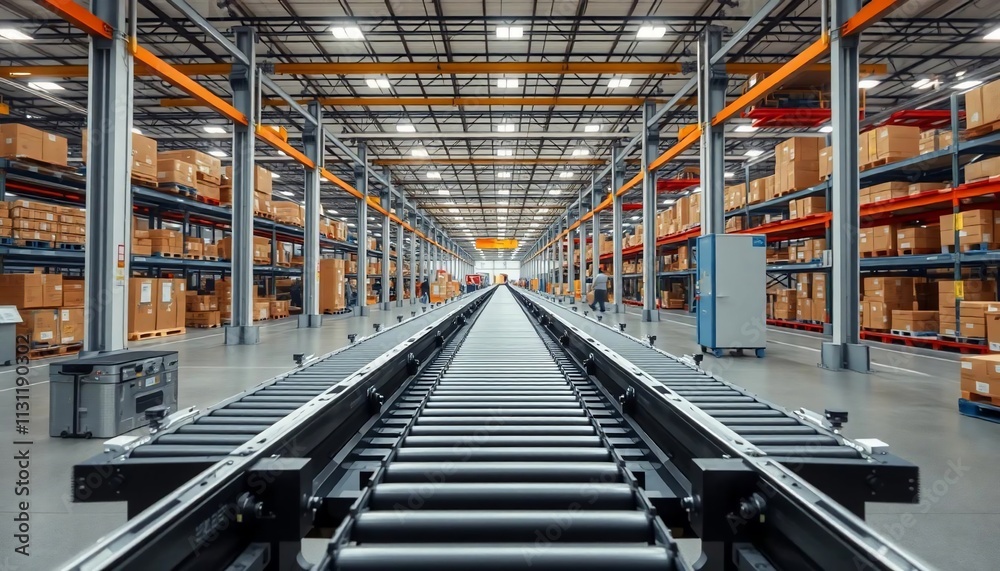 Naklejka premium Modern Warehouse Interior Conveyor Belt Logistics Storage Industry