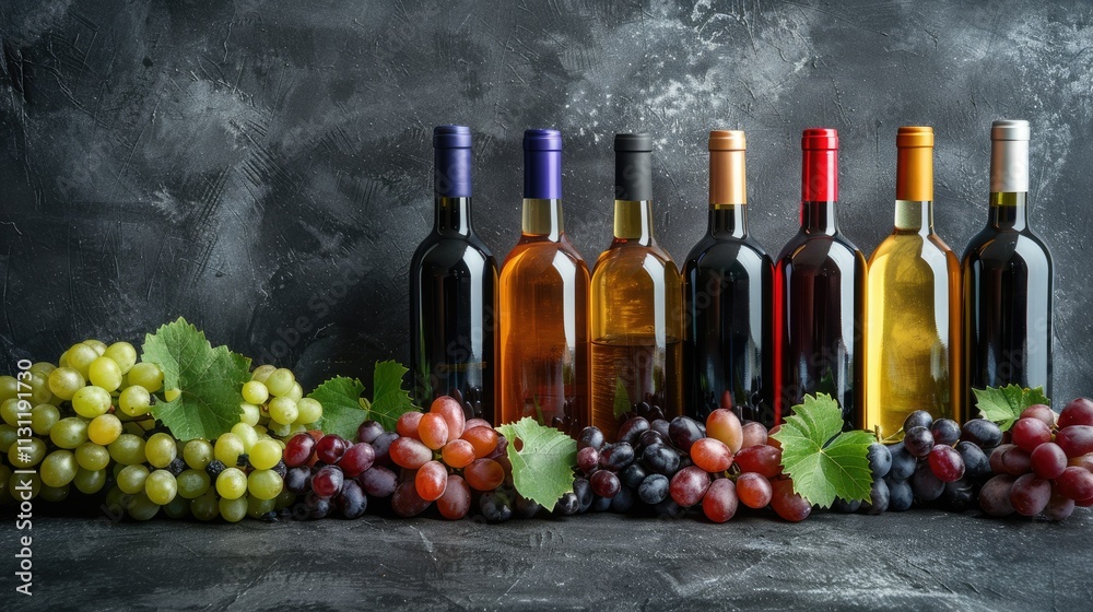 Obraz premium Assortment of wine bottles and grapes on dark background.