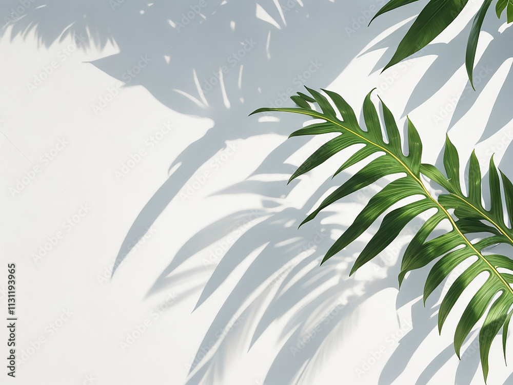 Fototapeta premium Tropical leaves casting shadows on a bright white wall sunny season background