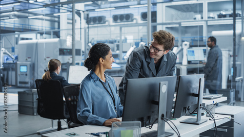 Portrait of a Young Male Assembly Line Worker and Hispanic Female Engineer Collaborating on a Project, Using Computer and Talking in a Factory with Robotic Arms Producing Modern High Tech Devices. photo