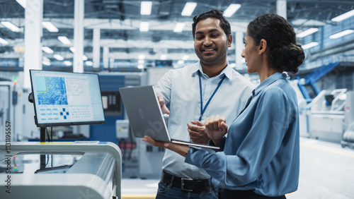Indian Male Engineer And Hispanic Female Supervisor Using Laptop And Talking At Electronics Factory. Man Using Soldering Jet Printer, Explaining Process Behind Production Of Circuit Boards. photo