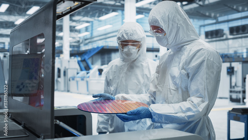 Semiconductor Production Process At Electronics Factory: Two Technicians In Sterile Suits Taking Out Silicon Wafer From Soldering Jet Printer And Inspecting It. Engineers Making Hardware For Computers
