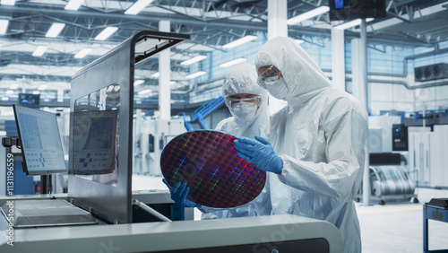 Fotografia Semiconductor Production At Electronics Manufacturing Facility: Two Specialists In Sterile Suits Taking Out Silicon Wafer From Soldering Jet Printer And Checking It
