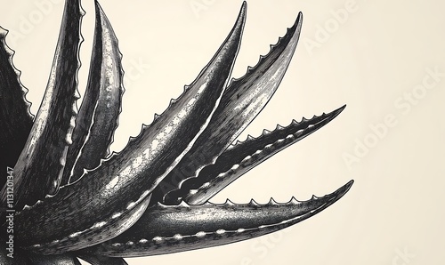 Detailed Engraving of Aloe Vera Plant Leaves