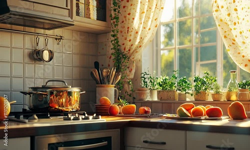 Sunlit Kitchen with Fresh Fruit and Herbs