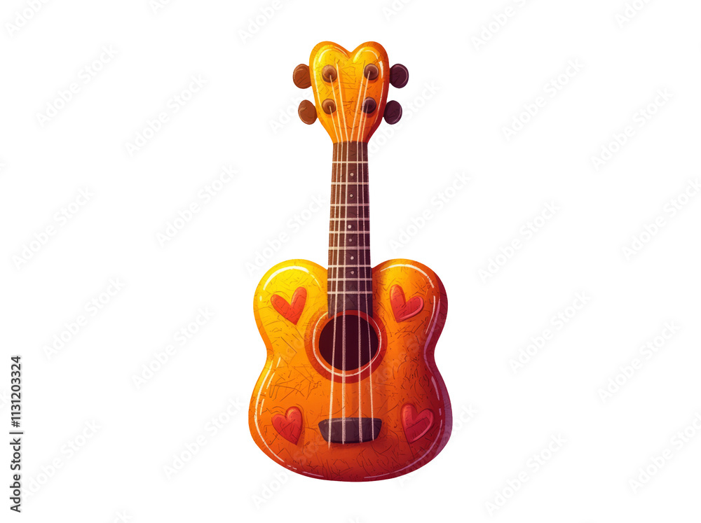 Obraz premium Colorful Cartoon Guitar with Hearts on Transparent Background