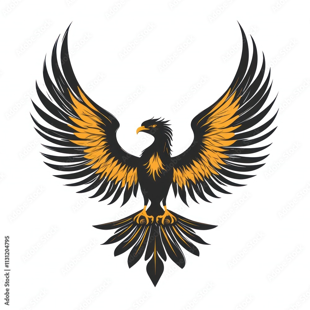 Obraz premium Majestic black eagle with golden wings spread wide, isolated on white background.