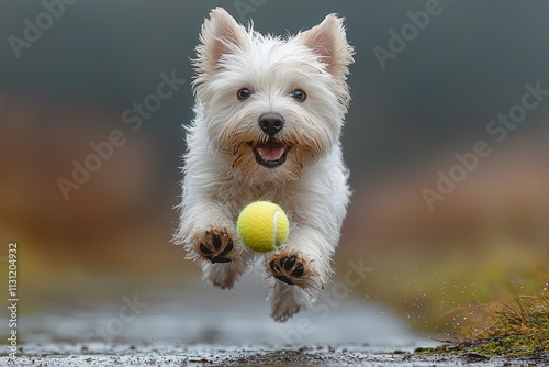 playful West Highland White Terrier leaps air mouth open excitement as it reaches bright yellow tennis ball. photo