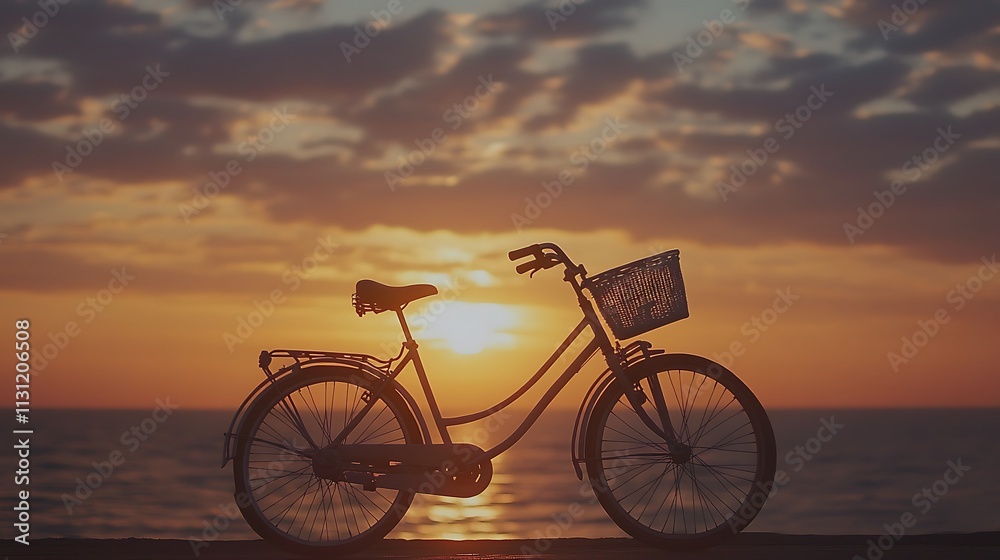 Obraz premium Silhouette of bicycle at sunset by the sea.