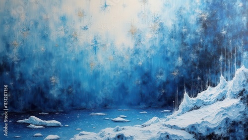 Broken icy crystals. Gravitating plot of razor-sharp ice filaments swirling gracefully in a silent dance, highlighted by a dusky horizon.