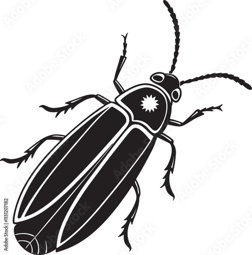 A detailed macro vector illustration of a small black coleoptera beetle bug with long antennae isolated on a white background, highlighting the wildlife nature of this common garden pest