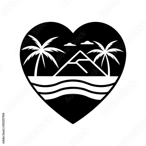 Minimalist Heart Shaped Logo with Palm Tree and Mountain