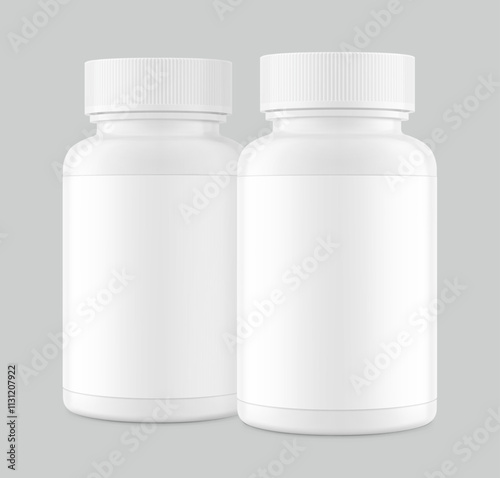 Plastic packer pill bottle mockup with child resistant cap and label for treats, vitamins, supplements isolated on grey background. Vector illustration. Mockup is ideal for health projects. EPS10.